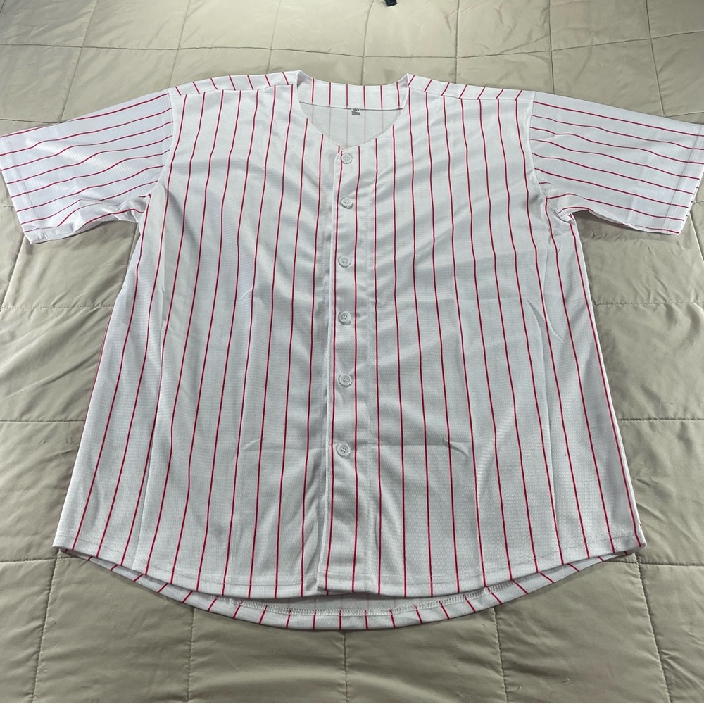 Baseball Jersey Large White Red Pinstripe Button Front